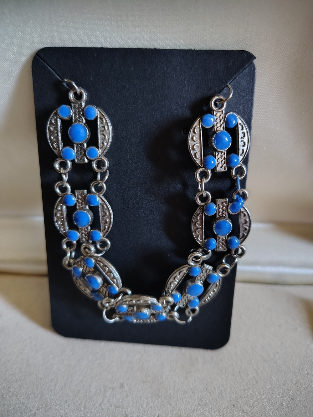 Vintage Brutalist Ornate Panel Link Bracelet Cobalt Blue